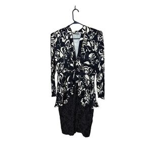 Saint Romei Vintage 100% Silk Abstract Swirl Polka Dot Peplum Dress Black 4